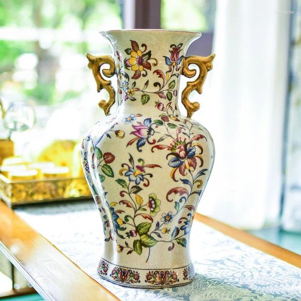 Vases en porcelaine Vase avec deux oreilles Green Living Room Home Decoration Piece Flower Arranger Bottle