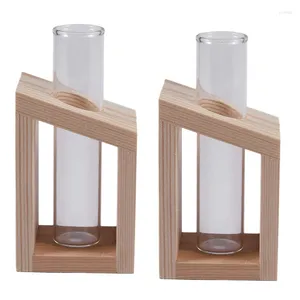 Vazen promotie!2x Crystal Glass Test Tube vaas in houten standaard bloempotten voor hydrocultuurplanten Home Garden Decoratie