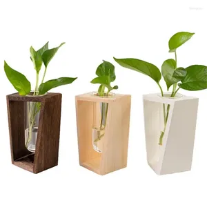 Vases Stations de propagation de fleurs hydroponiques, Pot de bureau, Terrarium, jardinière en verre, Vase à ampoules avec support en bois, plante