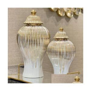 Vazen Qbsomk Keramiek Gemberpot Gouden Strepen Decoratieve Algemene Vaas Porselein Opslagtank Met Deksel Handwerk Woondecoratie Dr Dhaqs