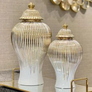 Vases QBsomk en céramique Jar Golden Stripes Gold General General Vase Vase Porcelain Rangement Tank With Lid Handicraft Home Decoration