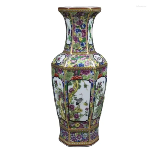 Jarrones Qing Qianlong Enamelo Colorido Flores Vase y pájaros Botella hexagonal Home Ornnaments Retro Colección de porcelana Antigua Antigua