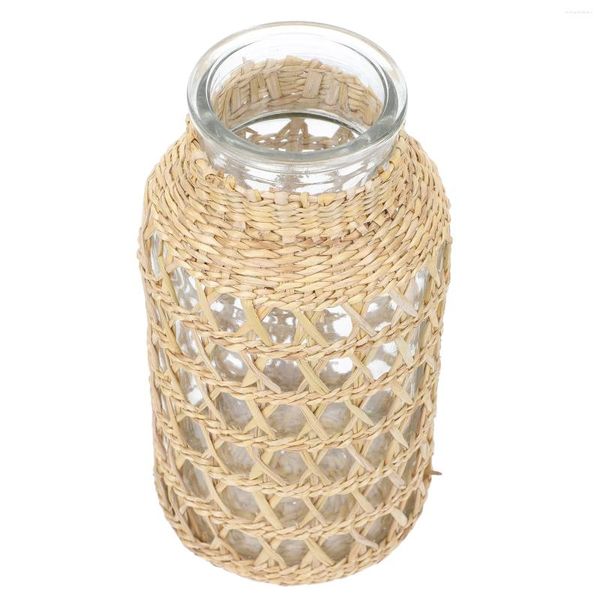 Jarrones Rattan Glass Jarrón Arreglo Flor Container Annamentos de tejido tejido de la oficina de artesanía Plantas artificiales