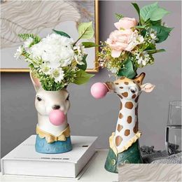 Vazen Hars Cartoon Dierenkop Vaas Bloempot Kauwgom Zebra Giraffe Panda Hert Bunny Beer Creatieve Ambachten Decoratie 210409 Drop Dhilq