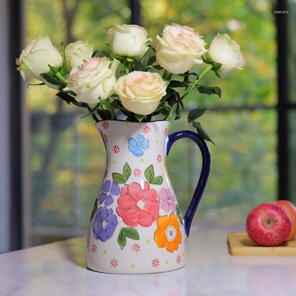 Vases rétro Vase Vase chinoise Fleurs imprimées peintes à la main Ornements décoratifs Cold Kettle Milk Pot