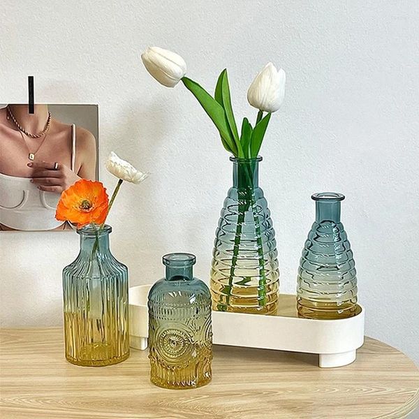 Jarrones Retro con relieve de vidrio, jarrón decorativo transparente, arreglo de flor hidropónica, botella artística, accesorios de decoración del hogar