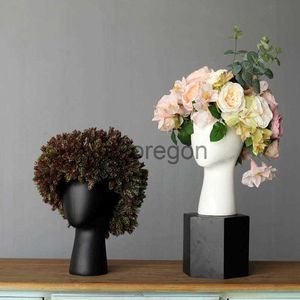 Vases Modèle de tête humaine scandinave Vase en céramique Portrait créatif Trou rond Arrangement de fleurs Conteneur de fleurs Décoration de la maison x0821