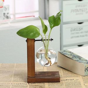 Vases Shop Room Decor Stand Plantes transparentes Vase de bulbe de café avec planter en verre de bureau en bois pour hydroponique