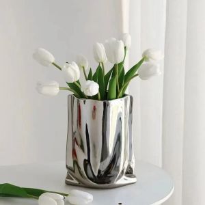 Vazen Zilveren bloemenvaas met ruches Keramische vaas Porselein Bloemstuk Decoratie Tasvorm Terrarium Woondecoratie Vazen Potten