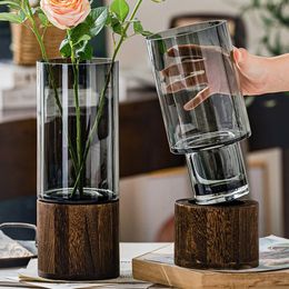 Vases Simple vase de style européen fleurs rose lys maison salon table à manger arrangement de fleurs base en bois verre transparent 221108