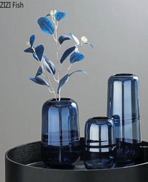 Jarrones Simplicidad Blue Glass Vase Desktop Decor Hidroponics Transparent Flower macetas Decoración moderna del hogar91780099