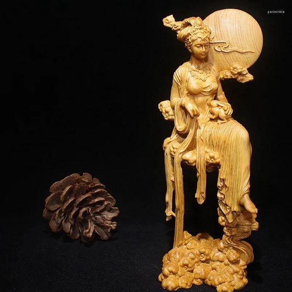 Vases en bois massif chang'et statue sculptée à la main Décoration de maison artisanat haut de gamme fine sculpture 16 cm Sculpture de déesse