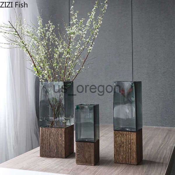 Jarrones Cuadrados Florero de vidrio hidropónico Base de madera Macetas Decoración de escritorio Flor artificial Arreglo floral decorativo Jarrones verdes x0630