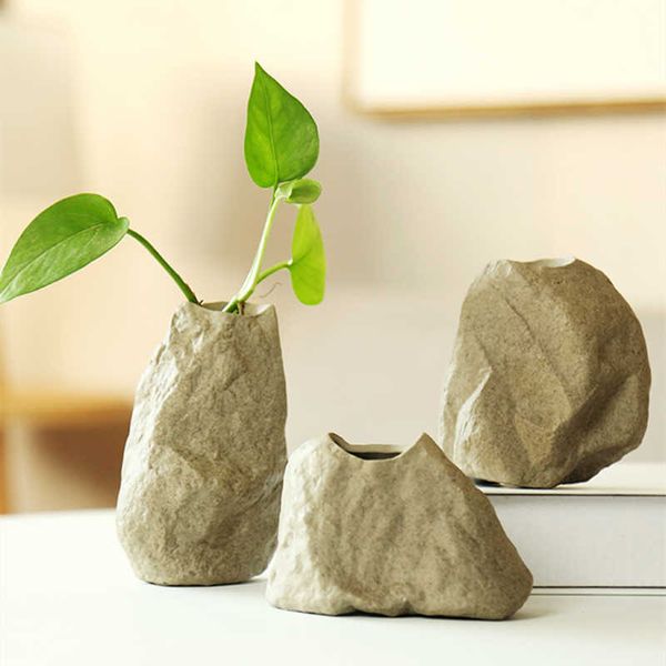 Jarrones con forma de piedra, pequeña cerámica, hidroponie, jarrones decorativos modernos para pared, blanco, negro, decoración para el hogar, maceta para plantas, flores, Zen P230411