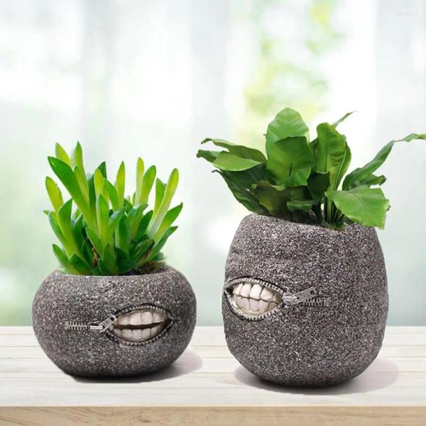 Vases Succulent Planteur Pot Funny Zipper Bouche Fleur Ensemble Pour Jardinage Extérieur Intérieur Résine Ronde Avec Succulentes