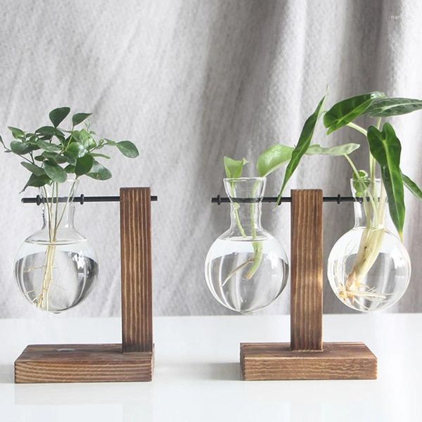 Jarrones terrario planta hidropónica maceta Vintage florero transparente marco de madera mesa de vidrio decoración de bonsái para el hogar