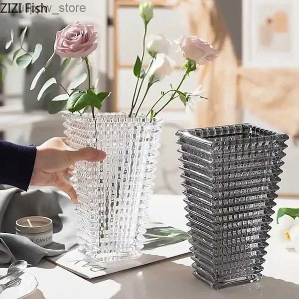 Vases Vase en cristal Transparent bords et coins carrés Vases en verre hydroponique Pots de fleurs en verre Arrangement de fleurs décoration de bureau L240309