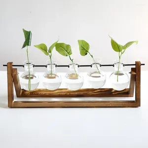 Vases Vase de fleur en verre transparent avec cadre en bois 5 bouteilles de bureau plante hydroponique créative pour la décoration intérieure