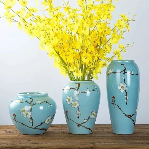 Vases sous glaçure couleur fleur et oiseau peints à la main artisanat en céramique ornements de vase chinois moderne minimaliste