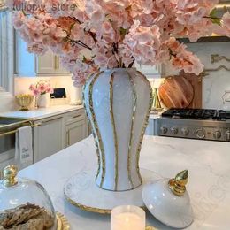 Vases Vase en céramique plaqué or haut de gamme, accessoires pour la maison, pots décoratifs, décoration de Table à manger européenne, Vases à fleurs de bureau L240309
