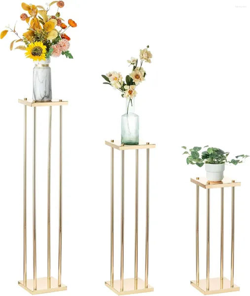 Jarrones Florero Soporte Centros de mesa de boda- 3 piezas Columna dorada Flor de metal alto para centros de mesa Cilindro a granel