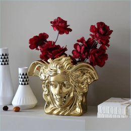 Vases Vases Style européen lumière luxe galvanoplastie doré brossé céramique métal or Vase moderne Table à manger décoration de la maison nous