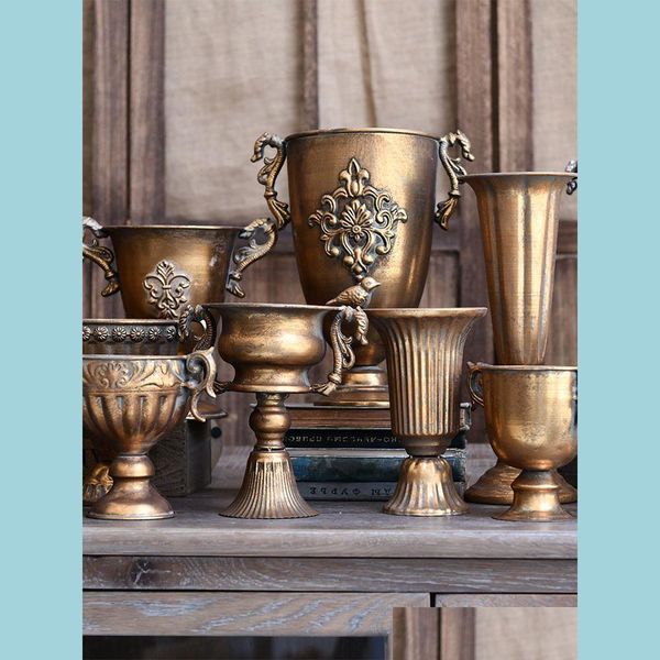 Vases Vases Vintage vieux fer fleur salle maison nordique décor doré Sier européen fleurs Pot gobelet classique décoration Salon Casa 2 Dhm9Z