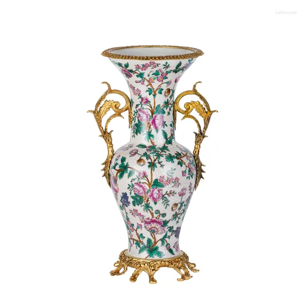 Vases Vintage Ceramic Craft Vase Antique Decoration Luxury Home Porcelain Gold Rim Rim Designer avec des poignées en laiton Fleur