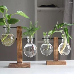 Vazen Vintage Glass Plant Bonsai Flower Vase Wood Tray Pot Rack Diy Home Office Wedding Desktop Decor Ornament