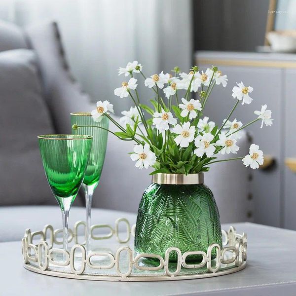 Vases Vintage Vase Green Leaf Golden Glass Flower Pot Water Nourishing Exquis Home Decor Living Room Table Light Luxury Decoration