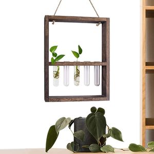 Vases muraux suspendus plantes Tube à essai fleur bourgeon verre Terrarium cadre en bois avec 5 maison jardin décoration de mariage