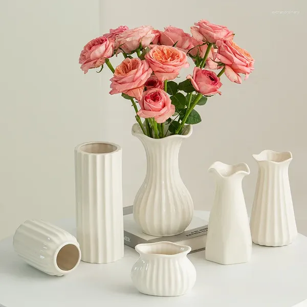 Jarrones Jarrón de cerámica blanca, flores frescas, adornos decorativos secos, mesa de sala de estar, artículos de flores modernos