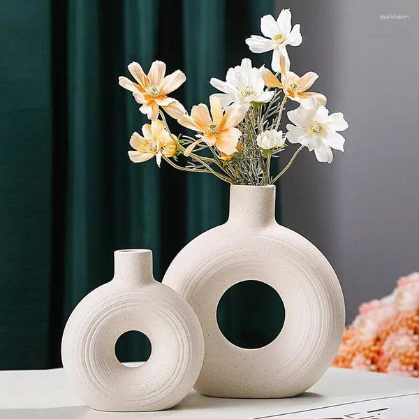 Vases Cercle blanc Vase en céramique givrée Donut Spots en métal Design Ferme élégante pour la maison du centre de bureau