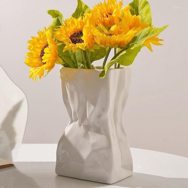 Vases Blanc Plissé Céramique Floral Vase Unique Carré Large Bouche Papier Sac Fleur Pour La Table De La Chambre À La Maison