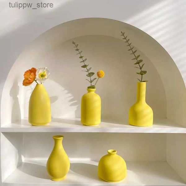 Vases Vase en céramique jaune Arrangement de fleurs salon Table à manger ornements bureau Vase photographie accessoires de décoration pour la maison L240309