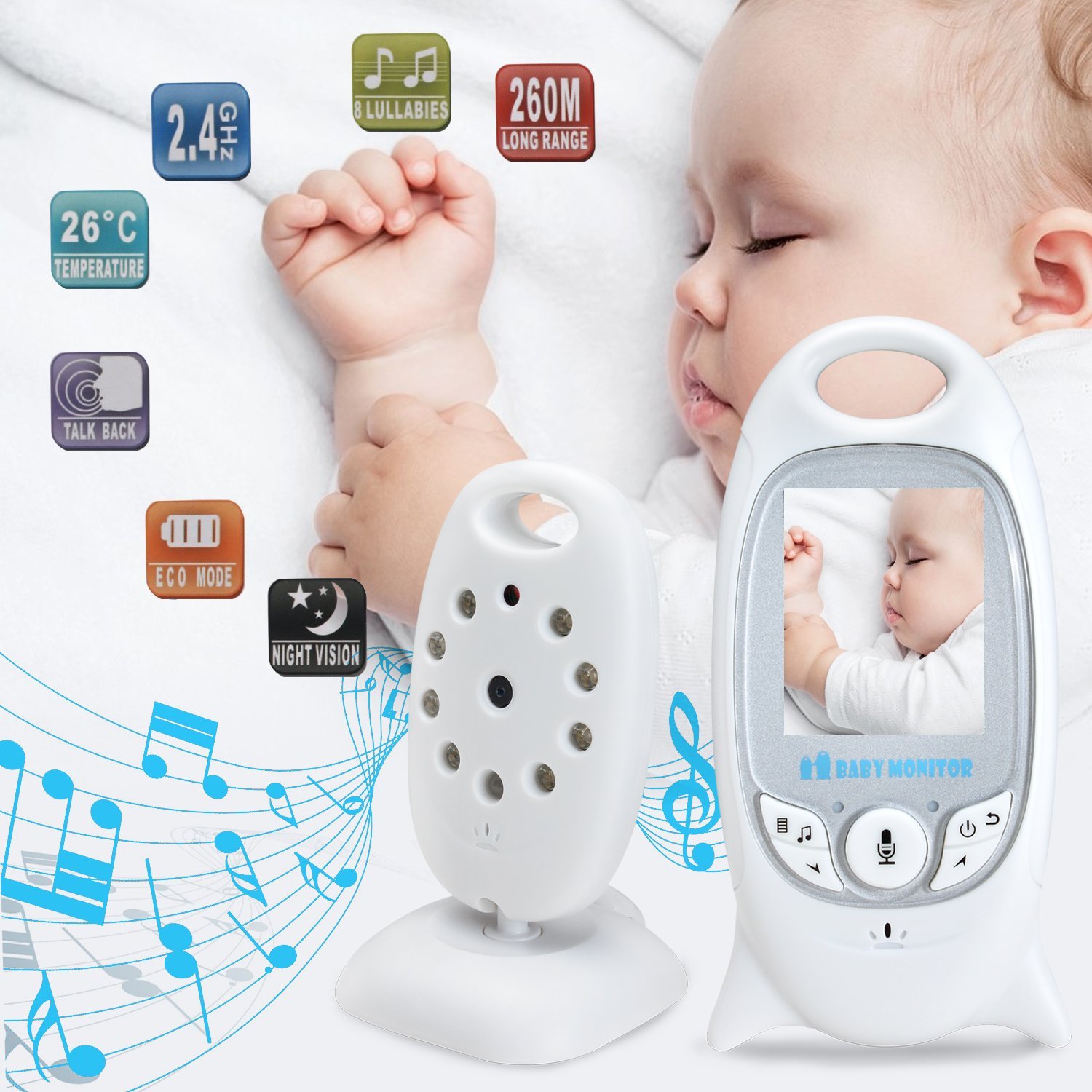 VB601 2,0 tums trådlös färgmonitor för barn med hög upplösning för barn Nanny Säkerhetstemperaturövervakning på nattkamera