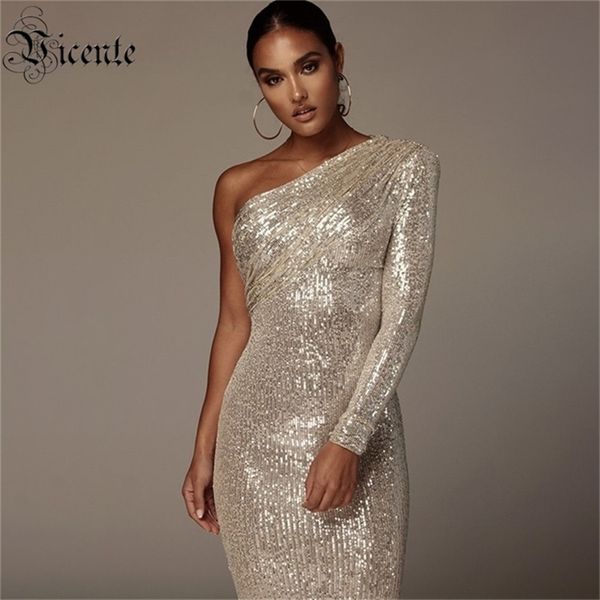 VC Sexy Une Épaule Robe Étincelle Glitzy Paillettes Robe Maille Patchwork Célébrité Fête De Noël Vestidos 220406