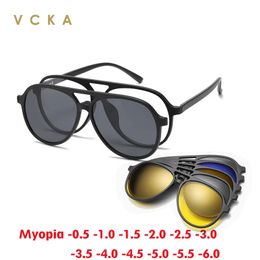 VCKA 6 IN1 Pilot Polarisée Myopie Lunettes de soleil Clip magnétique Men Femmes Prescription optique Prescription Classic Eyewear -0,5 à -6,0 240327