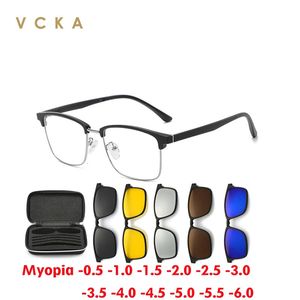 VCKA 6 IN1 Square Polarisée Myopie Lunettes de soleil Men Femmes Magnétique Clip Germes Frames Optical Prescription Eyewear -0,5 à -6,0 240401