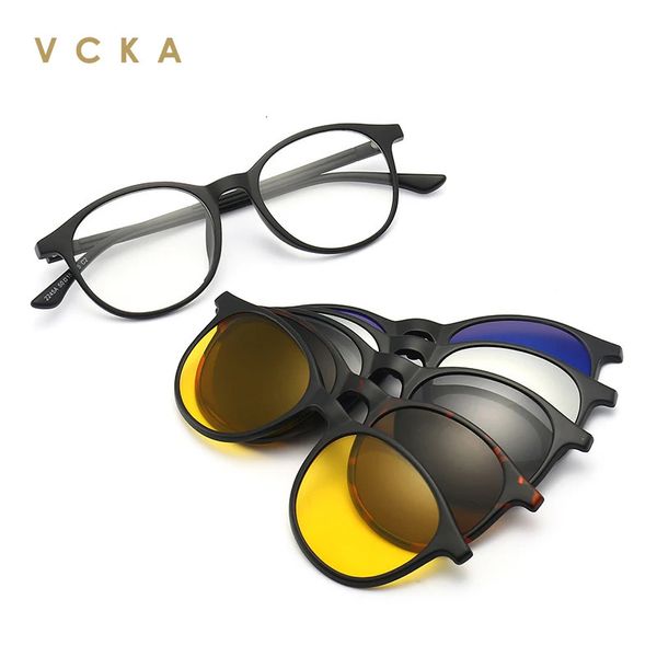 VCKA Aimant Clip Lunettes de Soleil Lunettes Polarisées Prescription Hommes Femmes Cadre Rond Anti Blue Ray Ordinateur Lunettes Vision Nocturne 240118