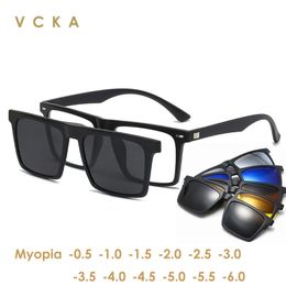 Vcka bijziendheid gepolariseerde magneet zonnebrillen vrouwen mannen klem op bril vierkant optisch spektakel 6 in 1 bril frames -0,5 tot -10 240323