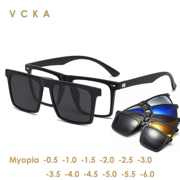 VCKA Myopia Lunettes de soleil polarisées à aimant Femmes Hommes Clip sur lunettes Spectacle optique carré 6 en 1 Montures de lunettes -0,5 à -10 240323