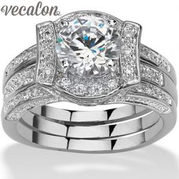 Vecalon 2-in-1 Engagement Sieraden Ronde 3ct CZ Diamond Wedding Band Ring Set voor Vrouwen 14kt Witgoud Gevuld Vrouwelijke Party Ring