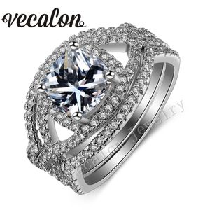 Vecalon 2016 coussin taille 3ct diamant simulé Cz 3-en-1 bague de mariage ensemble pour femmes 10KT or blanc rempli bague de fiançailles