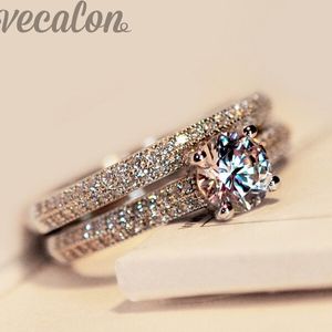 Vecalon 2016 Fashion Ring Wedding Band Ring Set voor Vrouwen 1CT CZ Diamond Ring 925 Sterling Zilveren Vrouwelijke Verloving Vinger Ring