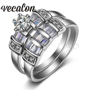 Vecalon 2016 mode Vintage bague de mariage ensemble pour femmes diamant simulé Cz 10KT or blanc rempli bague de fiançailles féminine