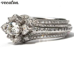 Vecalon 3in1 Flower Ring Ensemble 925 Sterling Silver Diamond Engagement Band de mariage Bagues pour femmes Bijoux de doigt de luxe 3592970