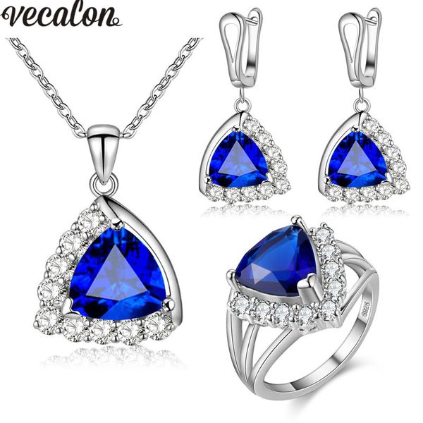 Vecalon 4 colores Conjuntos de joyas Cz Diamante Plata de ley 925 Collar Pendientes anillo Conjunto de joyas para mujer Piedra de nacimiento Anillo de regalo tamaño 6-9