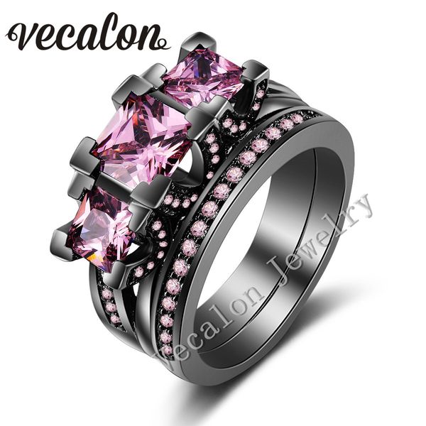 Vecalon negro relleno de oro relleno de oro anillo de bodas acumulada anillo de anillo de zafiro rosa