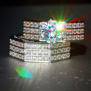 Vecalon Boho Mâle Femelle Cristal Blanc Zircon Pierre Bague Ensemble De Luxe 925 Bague de Fiançailles En Argent Vintage Anneaux De Mariage De Mariée Pour Wo165K